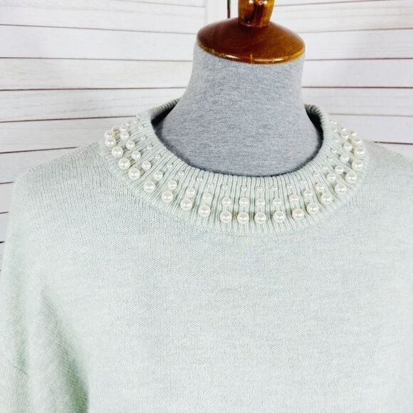 H&M Faux Pearl Beaded Neck Crop Sweater Mint Green Medium Long Sleeve - Picture 6 of 13
